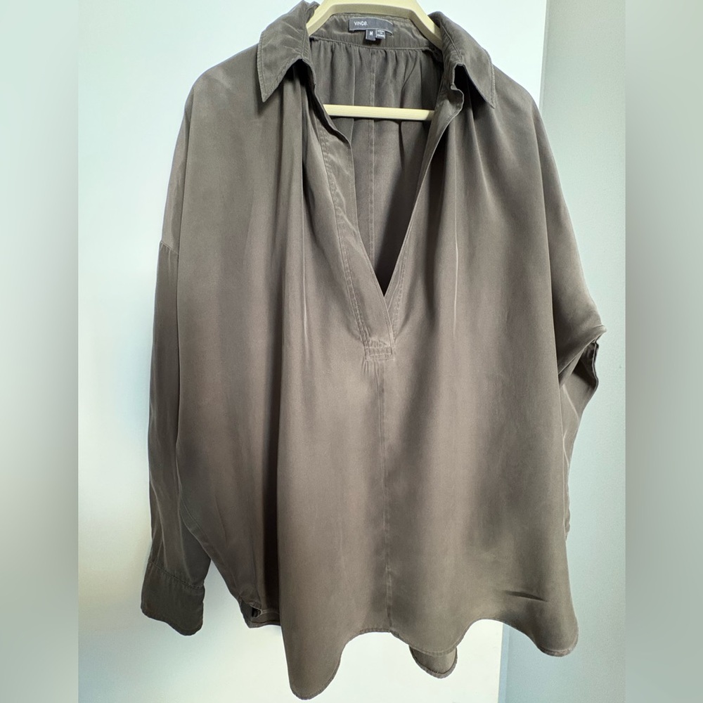 Vince Silk Taupe V-Neck Relaxed Blouse